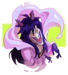  1boy black_hair caesar_clown cropped_torso curled_horns devil_fruit_power evil_eyes evil_grin evil_smile gas gloves grin hands_up highres horns keysandcrosses long_hair looking_at_viewer one_piece purple_gloves purple_lips smile solo star-shaped_eyewear tsurime two-tone_background 