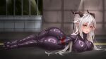  1girl aegir_(azur_lane) ass azur_lane bdsm bodysuit bound breasts cleavage demon_horns encasement hair_on_horn highres horns impossible_bodysuit impossible_clothes large_breasts latex latex_bodysuit long_hair looking_at_viewer midnight_(banyex) monster_girl multicolored_hair outdoors red_hair restrained road skin_tight solo streaked_hair street two-tone_hair very_long_hair white_hair yellow_eyes 
