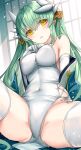  1girl alternate_costume bare_shoulders blush breasts commentary_request covered_navel dragon_girl dragon_horns elbow_gloves fate/grand_order fate_(series) gloves green_hair highleg highres horns kiyohime_(fate) large_breasts leotard long_hair looking_at_viewer morizono_shiki parted_lips smile solo thighhighs thighs white_gloves white_leotard white_thighhighs yellow_eyes 