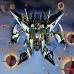 blue_sky cloud cloudy_sky commentary flying full_body glowing glowing_eyes green_eyes gundam gundam_hathaway&#039;s_flash highres looking_at_viewer mecha missiles mobile_suit no_humans robot science_fiction shimashun sky solo twitter_username v-fin xi_gundam 