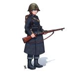  1girl absurdres ammunition_pouch belt_pouch black_coat blue_eyes boots brown_hair canteen coat combat_helmet danish_army danish_uniform denmark full_body gun gun_sling helmet highres holding holding_gun holding_weapon krag_jorgensen long_sleeves military military_uniform original ostwindprojekt pants pouch rifle simple_background soldier solo standing uniform weapon white_background world_war_ii 