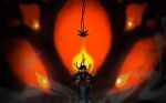  1girl amphibia black_hair blurry blurry_background colored_sclera helmet highres marcy_wu red_background red_sclera short_hair sitting the_core_(amphibia) throne wide_shot yellow_eyes yum3yum1 