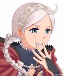  ahoge amerys blue_eyes braid buttons capelet fire_emblem fire_emblem_fates fujoshi hairband hood hood_down hooded_capelet leather low_twin_braids nina_(fire_emblem) parted_bangs portrait red_capelet red_hood smile turtleneck twin_braids white_hair white_hairband 