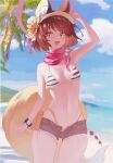  1girl absurdres animal_ears beach bikini black_shorts blue_archive breasts brown_hair cowboy_shot day fang fox_ears fox_tail halo highres izuna_(blue_archive) izuna_(swimsuit)_(blue_archive) medium_breasts navel ocean official_alternate_costume open_mouth outdoors pink_halo short_hair short_shorts shorts skin_fang smile solo striped striped_bikini swimsuit tail yellow_eyes zutto_(dfvn7377) 