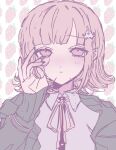  1girl black_shirt brown_hair collared_shirt danganronpa_(series) danganronpa_2:_goodbye_despair dress_shirt food_print galaga grey_shirt hair_ornament hand_up highres hood hood_down hooded_jacket jacket nanami_chiaki neck_ribbon open_clothes open_jacket pink_eyes ribbon ru-pe_(gstm_0915) shirt short_hair solo strawberry_print two-tone_shirt upper_body 