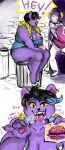  2016 alley anthro bodily_fluids breasts burger burgerpants catty_(undertale) chubby_female cleavage clothed clothing dialogue domestic_cat drooling english_text felid feline felis fellatio_gesture female flirting food fur gesture hi_res male male/female mammal overweight overweight_anthro overweight_female pawpads paws pornkitsi propositioning purple_body purple_fur saliva seductive sitting suggestive suggestive_gesture text tongue tongue_out trash_can undertale_(series) yellow_sclera 