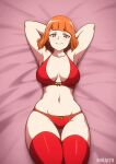  1girl animated animated_gif armpits arms_up blush bra breasts bright_pupils cleavage closed_mouth gukaito highres large_breasts lingerie looking_at_viewer lying mcdonald&#039;s mother_(yoru_mac) navel on_bed orange_hair panties red_bra red_panties red_thighhighs self-upload short_hair smile solo stomach thighhighs underwear white_pupils 