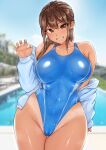  1girl absurdres bare_shoulders bikini_tan blue_cardigan blue_one-piece_swimsuit blue_sky blurry blurry_background breasts brown_eyes brown_hair cameltoe cardigan claw_pose commentary_request covered_navel cowboy_shot day depth_of_field double-parted_bangs grin highleg highleg_swimsuit highres jacket jacket_over_swimsuit large_breasts looking_at_viewer one-piece_swimsuit open_cardigan open_clothes original outdoors paid_reward_available poolside sak1023 sky smile solo steaming_body sweat swimsuit tan tanlines v-shaped_eyebrows wet wet_clothes wet_swimsuit 