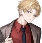  1boy black_necktie blonde_hair blue_eyes closed_mouth collared_shirt expressionless grey_jacket hand_up holostars jacket kishido_temma kisi_hana lapels light_blush long_sleeves looking_at_viewer male_focus necktie notched_lapels official_alternate_costume open_clothes open_jacket parted_bangs red_shirt shirt short_hair simple_background sketch solo tie_clip upper_body virtual_youtuber white_background 