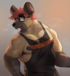  anthro armpit_hair bodily_fluids body_hair clothing eyewear glasses half-length_portrait hi_res huz_(huzzhuz) huzzhuz hyena looking_back male mammal muscular muscular_anthro muscular_male nipples pecs portrait shirt solo sweat tank_top topwear 