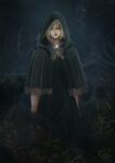  1girl absurdres arms_at_sides blonde_hair blue_eyes cloak dark_background dress elden_ring fia_the_deathbed_companion foxxarius fringe_trim glowing glowing_eye green_cloak green_dress hair_over_one_eye highres hood hood_up looking_at_viewer medium_hair shadow yellow_brooch 