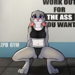  absurd_res anthro bottomwear camel_toe claws clothing crouching disney female gym gym_bottomwear gym_clothing hi_res judy_hopps nipple_outline paws saucycorner solo toe_claws zootopia 