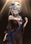  1girl absurdres artist_name bare_shoulders black_dress black_hairband blue_flower blue_hair blue_nails blue_rose breasts cleavage cowboy_shot dark_background detached_collar dress eula_(genshin_concert)_(genshin_impact) eula_(genshin_impact) flower flower_ornament genshin_impact gnsn_tukituki hair_flower hair_ornament hairband hand_up highres lace-trimmed_dress lace_trim light_particles lipstick looking_at_viewer makeup medium_breasts medium_hair off-shoulder_dress off_shoulder official_alternate_costume rose sidelocks signature solo spotlight wide_sleeves yellow_eyes 
