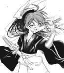  1girl :d blush commentary_request dual_wielding floating_hair greyscale hakama highres holding holding_sword holding_weapon isekai_samurai japanese_clothes k_i_r_i_p_o katana kimono long_hair long_sleeves looking_at_viewer monochrome scar scar_on_face scar_on_nose simple_background smile solo sword tsukitsuba_ginko very_long_hair weapon white_background wide_sleeves 