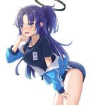  1girl absurdres arm_support ass bangs bare_legs bent_over blue_archive blue_eyes blush buruma collarbone commentary_request facial_tattoo forehead gym_shirt gym_uniform halo high_ponytail highres hot id_card jacket lanyard long_hair long_sleeves looking_at_viewer official_alternate_costume parted_bangs purple_hair riu_kawano shirt short_sleeves sidelocks simple_background solo star_tattoo sweat tattoo thick_thighs thighs track_jacket white_background yuuka_(blue_archive) yuuka_(gym_uniform)_(blue_archive) 