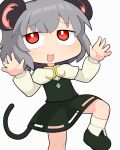  1girl animal_ears blush bright_pupils capelet commentary_request cookie_(touhou) crystal flat_chest foot_out_of_frame grey_hair grey_skirt grey_vest hospital_king jewelry long_sleeves medium_bangs mouse_ears mouse_girl mouse_tail nazrin nyon_(cookie) open_mouth pendant red_eyes shirt short_hair simple_background skirt skirt_set smile solo tail touhou vest white_background white_capelet white_pupils white_shirt 