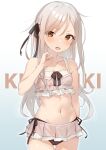  1girl bare_arms bare_legs bare_shoulders bikini blush brown_eyes character_name collarbone cowboy_shot crescent crescent_pin grey_bikini highres kantai_collection kikuzuki_(kancolle) long_hair looking_at_viewer navel open_mouth sakieko simple_background solo swimsuit white_background white_hair 