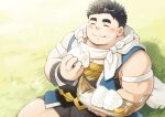  1boy bara blush bulge cape chewing closed_eyes closed_mouth commentary_request eating echigo_(tamacolle) food food_on_face holding holding_food male_focus on_grass onigiri pectoral_cleavage pectorals plump sitting suv_(suv032) tamacolle thick_eyebrows white_cape 