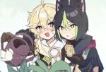  2boys aether_(genshin_impact) animal_ear_fluff animal_ears black_gloves black_hair blonde_hair blush braid brown_gloves flower fox_boy fox_ears genshin_impact gloves green_eyes grey_hair hair_between_eyes hair_over_shoulder highres holding holding_hands holding_watering_can long_hair male_focus multicolored_hair multiple_boys open_mouth orange_eyes parted_lips plant simple_background single_braid sweat tighnari_(genshin_impact) wai1010 watering_can white_flower yaoi 