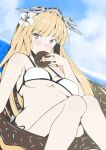  1girl bikini blonde_hair blue_sky blush breasts brooklyn_(kancolle) cloud cloudy_sky cosplay day doughnut doughnut_innertube flower food hair_flower hair_ornament headgear highres honolulu_(kancolle) honolulu_(kancolle)_(cosplay) kantai_collection large_breasts long_hair looking_at_viewer ocean outdoors red_eyes sky solo swimsuit taira_yuuki water white_bikini 