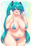  1girl absurdres aqua_eyes aqua_hair aqua_nails artist_name bikini blush border breasts cameltoe cellphone cleavage cloudxmoe cowboy_shot english_commentary english_text fat film_grain hair_between_eyes hair_ornament hatsune_miku highres holding holding_phone huge_breasts iphone long_hair looking_at_viewer micro_bikini multicolored_background navel obese open_mouth outside_border phone plump pubic_hair revision shadow smartphone solo string_bikini striped striped_bikini swimsuit tareme thick_thighs thighs twintails v veins veiny_breasts very_long_hair vocaloid white_border 