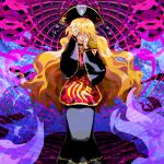  1girl black_dress chinese_clothes covered_face crescent dress energy fox_tail junko_(touhou) kaigen_1025 legacy_of_lunatic_kingdom long_hair orange_hair phoenix_crown phoenix_print polos_crown red_tabard tabard tail touhou wide_sleeves 