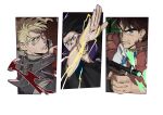  1girl 2boys aged_down battle_tendency black_hair blonde_hair blood blood_on_weapon blue_eyes bracelet brown_hair caesar_anthonio_zeppeli clenched_teeth dress electricity facial_mark fighting_stance fingerless_gloves gloves green_eyes gun hakmonss jacket jewelry jojo_no_kimyou_na_bouken joseph_joestar joseph_joestar_(young) lisa_lisa long_hair multiple_boys necktie padded_coat red_jacket submachine_gun teeth thompson_submachine_gun weapon wrench 