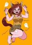  1girl :d absurdres animal_ears anna_(aannnaa3) bandaid bandaid_on_face bandaid_on_nose black_nails blush boku_no_hero_academia bracelet brown_eyes brown_hair brown_skirt brown_tank_top claw_pose feet_up full_body ghost hands_up highres jewelry medium_hair open_mouth skirt smile solo tail tank_top uraraka_ochako wolf_ears wolf_girl wolf_tail 
