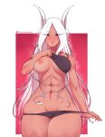  1girl abs absurdres animal_ears boku_no_hero_academia breasts clothes_lift curvy fraankyy gym highres large_breasts long_hair mirko muscular muscular_female nail_polish nipples panties pointy_ears rabbit rabbit_ears red_eyes shirt_lift smile smug solo sweat thick_thighs thighs underwear undressing white_hair wide_hips 