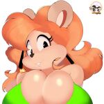  1:1 2023 anthro bear big_breasts black_eyes breasts brown_bear brown_body brown_fur bulging_breasts cleavage cleavage_overflow clothed clothing dialogue digital_drawing_(artwork) digital_media_(artwork) ear_piercing ear_ring english_text eyelashes female fur hair hi_res huge_breasts inkit89 julie_bruin long_hair looking_at_viewer mammal orange_hair piercing ring_piercing simple_background solo talking_to_viewer text tiny_toon_adventures ursine warner_brothers watermark white_background 