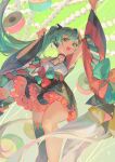  1girl :d absurdres aqua_hair arms_up asymmetrical_sleeves black_skirt black_sleeves black_thighhighs commentary_request detached_sleeves feet_out_of_frame frilled_skirt frills green_theme hair_between_eyes hatsune_miku headphones highres hlymoriia japanese_clothes kimono long_hair looking_at_viewer magical_mirai_(vocaloid) magical_mirai_miku magical_mirai_miku_(2020_summer) mismatched_sleeves multicolored_sleeves non-web_source open_mouth red_sleeves shide single_thighhigh skirt smile solo teeth thighhighs twintails upper_teeth_only very_long_hair vocaloid white_kimono white_sleeves wide_sleeves 