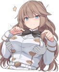  1girl belt blue_eyes blush breasts brown_hair disembodied_limb fate/apocrypha fate_(series) fiore_forvedge_yggdmillennia gloves grabbing grabbing_another&#039;s_breast jacket large_breasts long_hair long_sleeves looking_at_viewer shiseki_hirame solo_focus white_gloves white_jacket 