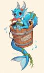  absurd_res anthro aquatic_kobold asterozoan bucket chest_wraps container echinoderm female fin fish fish_in_mouth food_in_mouth head_fin hi_res horn in_bucket in_container kobold looking_at_viewer marine seaweed simple_background solo starfish starfish_(accessory) tail tail_fin waspsalad water water_drop wraps 