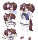  1girl :d animal_ears black_bow blue_shirt bow breasts brown_footwear brown_hair closed_eyes fang fox_mask frilled_skirt frills green_eyes grin hair_between_eyes hair_bow hand_on_own_hip highres horse_ears horse_girl horse_tail inari_one_(umamusume) large_breasts mask mask_on_head multiple_views one_eye_closed orange_bow parted_lips pleated_skirt puffy_short_sleeves puffy_sleeves school_uniform shirt shoes short_eyebrows short_sleeves simple_background skirt smile standing tail thick_eyebrows thighhighs tracen_school_uniform translation_request twintails umamusume wakaho_riku white_background white_skirt white_thighhighs 