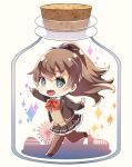  1girl blue_eyes bottle brown_footwear brown_hair brown_jacket brown_skirt brown_thighhighs collared_shirt full_body hair_between_eyes in_bottle in_container jacket kantai_collection kukimaru kumano_(kancolle) kumano_kai_ni_(kancolle) long_hair neck_ribbon open_clothes open_jacket open_mouth pleated_skirt ponytail red_ribbon ribbon shirt shoes skirt solo thighhighs white_shirt 