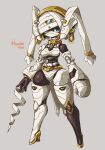  1girl blue_eyes breasts drill earrings full_body grey_background high_heels highres hoop_earrings humanoid_robot jewelry kuruton486 medium_breasts mummy_costume open_hand original robot science_fiction solo standing twitter_username 