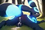  3:2 balls black_body black_fur blue_eyes blue_markings blush bodily_fluids body_blush butt_blush cattyevah cum cum_drip cum_in_ass cum_inside digital_media_(artwork) dripping eeveelution feral forest forest_background fur generation_2_pokemon genital_fluids genitals glowing glowing_markings grass head_tuft looking_at_viewer lying lying_on_ground male markings nature nature_background nintendo nude on_front paws plant pokemon pokemon_(species) shaded shiny_pokemon smile solo tree tuft umbreon 