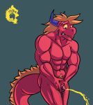  absurd_res anthro bodily_fluids dragon flaccid genital_fluids genitals hi_res humanoid_genitalia humanoid_penis looking_embarrassed male male_anthro muscular muscular_anthro muscular_male peeing penis solo sweat sweatdrop thekinkybear urine watersports 