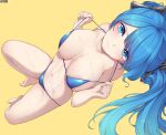  1girl areola_slip artist_name barefoot bikini bikini_pull blue_eyes blue_hair breasts closed_mouth clothes_pull ddangbi korean_commentary large_breasts league_of_legends long_hair looking_at_viewer lying navel on_back pulled_by_self simple_background sona_(league_of_legends) stomach strap_pull swimsuit twintails undressing wavy_mouth wet yellow_background 