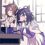  2girls animal_ears aqua_eyes biting black_hair blue_eyes blush bread brushing_hair brushing_teeth eishin_flash_(umamusume) food highres horse_ears horse_girl indoors messy_hair morning multiple_girls pajamas pink_pajamas print_pajamas sailor_collar satomachi school_uniform sleepy smart_falcon_(umamusume) tracen_school_uniform umamusume window 