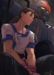  1boy a_(user_vtsy8742) black_pants bow brown_eyes brown_hair expressionless fei_fong_wong highres indoors long_hair male_focus mecha pants ponytail robot short_sleeves sitting solo twitter_username two-tone_shirt v_arms weltall white_bow xenogears 