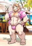  2023 abs absurd_res alcohol aloha_shirt anthro asgore_dreemurr bar barazoku barefoot beach beard beverage big_muscles blurred_background body_hair boss_monster bovid bulge caprine chair chest_hair claws clothed clothing day eyebrows facial_hair feet food fruit furniture goat hair hand_on_hip hi_res holding_beverage holding_object horn lime looking_at_viewer male mammal margarita muscular muscular_anthro muscular_male navel nipples open_clothing open_shirt open_topwear palm_tree pattern_clothing pattern_shirt pattern_topwear pecs plant pubes rook_kawa sand seaside shirt smile solo speedo standing swimwear text thick_thighs topwear tree undertale undertale_(series) url water 