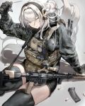  1girl assault_rifle black_shorts black_thighhighs breasts camouflage check_weapon chest_rig green_jacket gun jacket lmt_cqb looking_at_viewer magazine_(weapon) optical_sight original rifle serious shorts solo thick_thighs thighhighs thighs utsucan weapon white_background white_hair woodland_camouflage 
