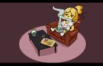  2022 absurd_res animal_crossing anthro canid canine chair clothing drugs female floppy_ears furniture hi_res isabelle_(animal_crossing) mammal mrbooshmaster nintendo shirt sitting smoking solo table text text_on_clothing text_on_shirt text_on_topwear topwear 