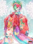  1girl artist_name blue_background blush bow-shaped_hair cherry_blossoms clothed_pokemon colored_skin commentary_request copyright_name egasumi floral_print flower gardevoir green_hair hair_flower hair_ornament hair_over_one_eye hair_stick happy highres japanese_clothes kimono long_sleeves looking_at_viewer multicolored_clothes multicolored_kimono one_eye_covered open_mouth partial_commentary petals poke_ball_theme pokemon pokemon_(creature) pokemon_(game) pokemon_unite red_eyes red_flower short_hair signature smile solo standing suahh twitter_username white_flower white_skin wide_sleeves 
