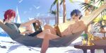  2boys abs banana bird blue_eyes blue_hair blurry blurry_background closed_mouth computer cup dark_blue_hair earphones ensemble_stars! food fruit glasses hammock laptop male_focus multiple_boys open_mouth palm_tree purple_hair rrr_(reason) saegusa_ibara sazanami_jun short_hair short_sleeves shorts sky table tablet_pc teeth topless_male tree upper_teeth_only yellow_eyes 