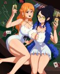  2girls bare_shoulders barleyshake black_hair blue_eyes breasts brown_eyes card cleavage_cutout clothing_cutout commission covered_nipples cup dress earrings feather_boa feet_out_of_frame highres holding holding_cup jewelry large_breasts long_hair multiple_girls nami_(one_piece) nico_robin one_piece orange_hair poker_chip ponytail short_dress tinted_eyewear white_dress yellow-tinted_eyewear 