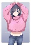  1girl arms_up artist_name black_hair blue_eyes blue_pants border crop_top dated denim highres hip_bones jeans long_sleeves looking_at_viewer midriff midriff_peek navel nii_manabu original pants pink_sweater solo stomach sweater white_border 