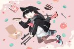  1girl animal_ears black_hair blue_archive ccg doughnut eclair_(food) food fruit halo highres kazusa_(blue_archive) macaron milk_carton multicolored_hair pantyhose pink_hair red_eyes shoes skirt sneakers solo strawberry weapon 