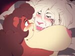  anthro big_breasts blush breasts brown_hair cricetid duo felid hair hamster huge_breasts hybrid licking liger mammal nimzy nipples noms_(nimzy) pantherine rodent tobi_(nimzy) tongue tongue_out white_body white_hair 